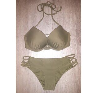 Hollister Swim Olive Green Bikini Set Pushup Top Size 34B Cheeky Bottoms Size XS
